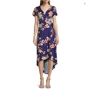 BY & BY NAVY FLORAL WRAP STYLE DRESS SIZE MEDIUM